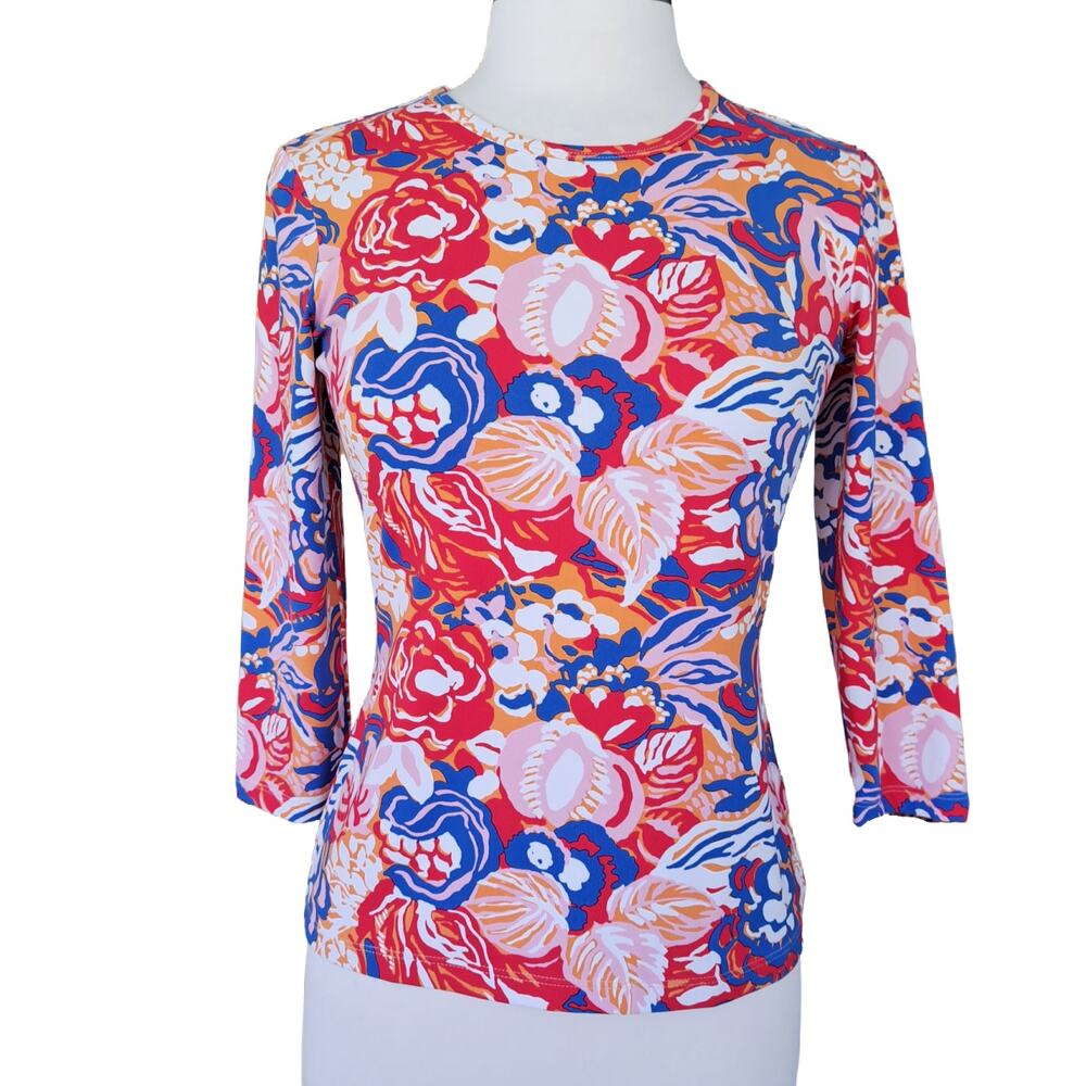 J McLaughlin Signature Tee Size XS Catalina Cloth 3/4 Sleeve Red Blue Floral
